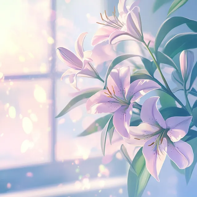 Purple Lily Bouquet on a Windowsill with Soft Natural Light