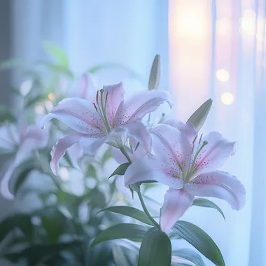 A soft and warm image with a real atmosphere. The background is a light blue gradient transition to a brighter area, with blurred windows in the room, and a picture of flowers with glowing blurred light spots, similar to the sunlight shining through the window. In the foreground, a delicate bouquet of purple lilies and green leaves are placed on a smooth surface. The overall style is soft focus, and the tones are gentle and calm, including pink, white and light green, giving people a sense of tranquility and blessing.