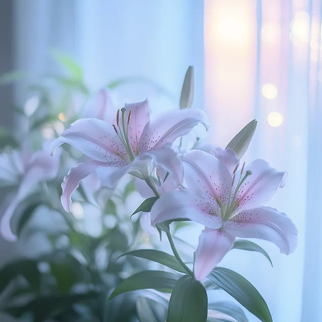 Pink flower vase by window in soft, tranquil living area setting