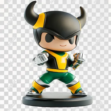 Bull Bobblehead, atletic, action pose, Chibi style, isometric perspective, plastic, detailed, green and yellow silver uniform, glossy, isolated, flat white background,