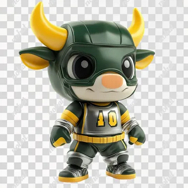 Bull Bobblehead, atletic, action pose, Chibi style, isometric perspective, plastic, detailed, green and yellow silver uniform, glossy, isolated, flat white background,