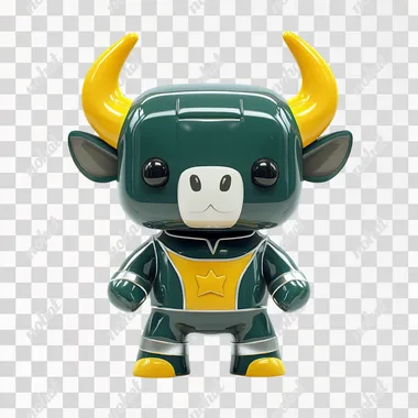 Bull Bobblehead, atletic, action pose, Chibi style, isometric perspective, plastic, detailed, green and yellow silver uniform, glossy, isolated, flat white background,