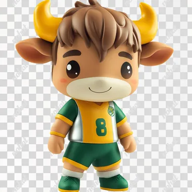 Bull Bobblehead, atletic, action pose, Chibi style, isometric perspective, plastic, detailed, green and yellow silver uniform, glossy, isolated, flat white background,