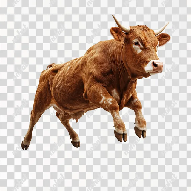 PNG Leaping Brown Cow in Farm Pasture with Strong Build and Dynamic Pose