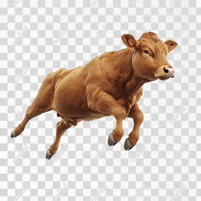 PNG Leaping Brown Cow in Pasture with Strong Body and Dynamic Pose