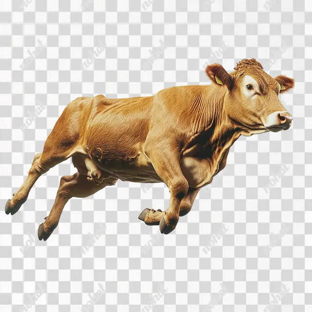 PNG Leaping Brown Cow in Strong Pose Against Clean White Space