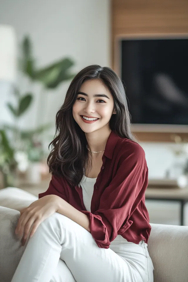 a woman sitting on a couch smiling at the camera