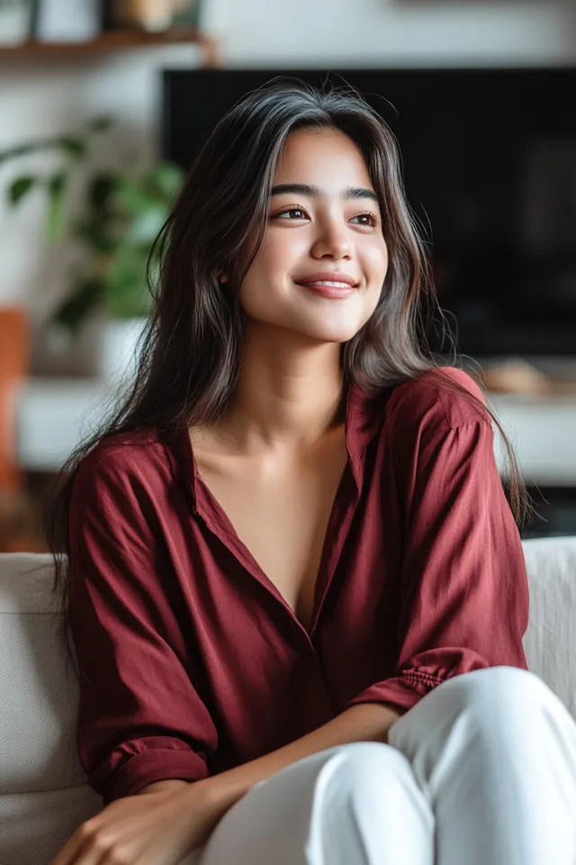 a woman sitting on top of a white couch