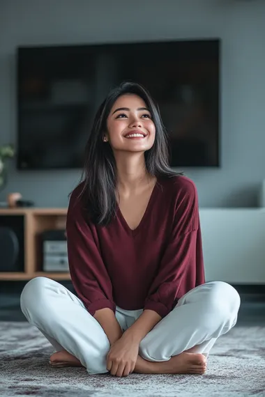 www.freepik.com/free-photo/some-people-say-that-i-am-endless-dreamer_12652308.htm, hyper realistic image of a happy Indonesian woman in white pants and burgundy blouse, dark hair, sitting in the living room relaxed watching TV,