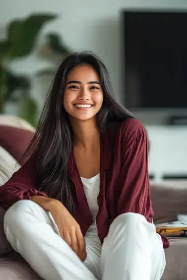 www.freepik.com/free-photo/some-people-say-that-i-am-endless-dreamer_12652308.htm, hyper realistic image of a happy Indonesian woman in white pants and burgundy blouse, dark hair, sitting in the living room relaxed watching TV,