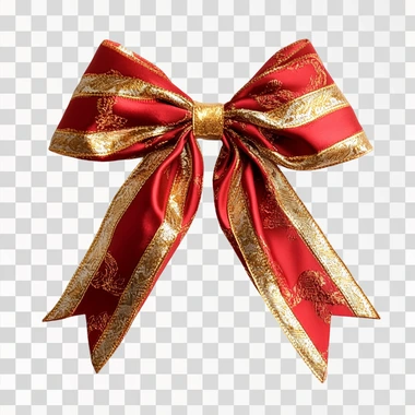 A luxurious red and gold ribbon coquette bow tied in a perfect knot, with subtle shimmer details. The background is plain white to highlight the bow