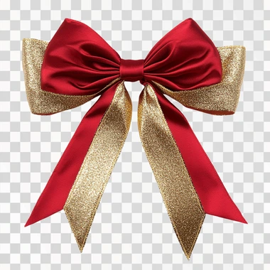 A luxurious red and gold ribbon coquette bow tied in a perfect knot, with subtle shimmer details. The background is plain white to highlight the bow
