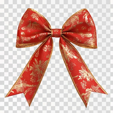 A luxurious red and gold ribbon coquette bow tied in a perfect knot, with subtle shimmer details. The background is plain white to highlight the bow