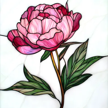 Stained Glass of a pink peony with green leaves, white background, a straight long stem