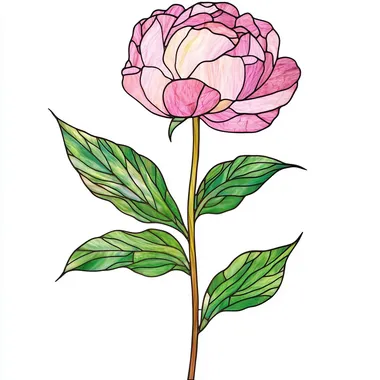 Stained Glass of a pink peony with green leaves, white background, a straight long stem