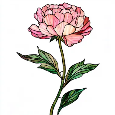 Stained Glass of a pink peony with green leaves, white background, a straight long stem