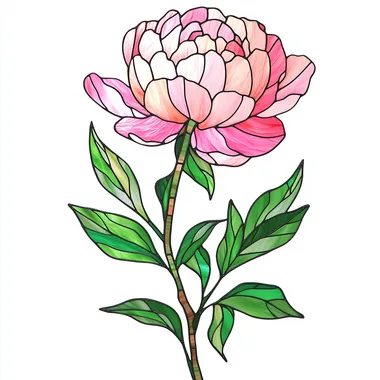 Stained Glass of a pink peony with green leaves, white background, a straight long stem