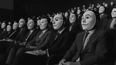 A group of people wearing large, comical masks of the same design, dressed in suits, sit in the audience section of a theater. Movie scenes, set design, and movie atmosphere.   fmjrrk3