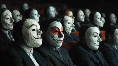 A group of people wearing large, comical masks of the same design, dressed in suits, sit in the audience section of a theater. Movie scenes, set design, and movie atmosphere.   fmjrrk3