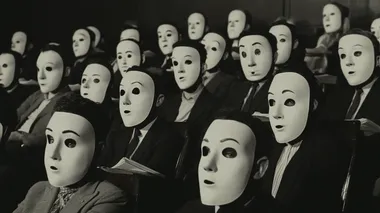 A group of people wearing large, comical masks of the same design, dressed in suits, sit in the audience section of a theater. Movie scenes, set design, and movie atmosphere.   fmjrrk3