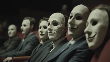 A group of people wearing large, comical masks of the same design, dressed in suits, sit in the audience section of a theater. Movie scenes, set design, and movie atmosphere.   fmjrrk3