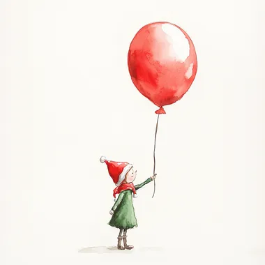 Elf on the shelf in watercolor minimalist style holding a red balloon
