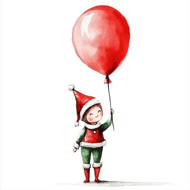 Elf on the shelf in watercolor minimalist style holding a red balloon
