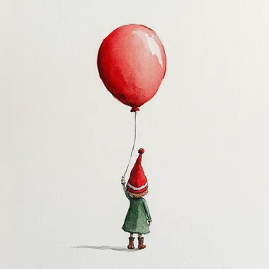 Elf on the shelf in watercolor minimalist style holding a red balloon