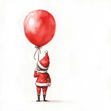 Elf on the shelf in watercolor minimalist style holding a red balloon
