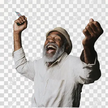 Professional studio photo, africanamerican celebrating winning the lottery, in the style of exuberant, winningcore, lighthearted, chromatic joy, fine lines, agfa clack, strong emotional impact, crisp and clear image, vivid, taken on a Hasselblad X2D 100C 100 MP IBIS PDAF f/ 2. 8 35mm Lens