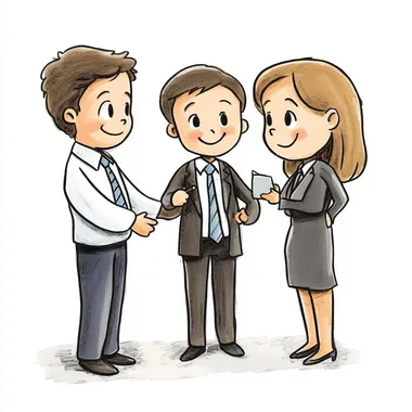 Illustration in the style of Kobayashi manga, with a 1:2 aspect ratio. Draw three simple and humorous people on a white background: business partners discussing how to cooperate