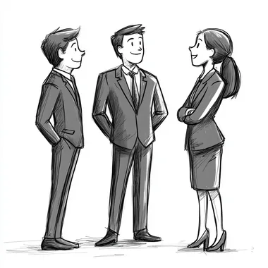 Illustration in the style of Kobayashi manga, with a 1:2 aspect ratio. Draw three simple and humorous people on a white background: business partners discussing how to cooperate