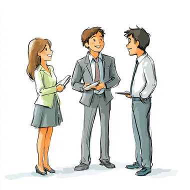 Illustration in the style of Kobayashi manga, with a 1:2 aspect ratio. Draw three simple and humorous people on a white background: business partners discussing how to cooperate