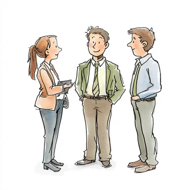 Illustration in the style of Kobayashi manga, with a 1:2 aspect ratio. Draw three simple and humorous people on a white background: business partners discussing how to cooperate