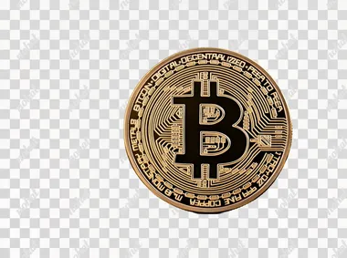 A gold coin with the Bitcoin logo on it, surrounded by stacked coins, isolated against a white background in a PNG format, with empty space around for text.