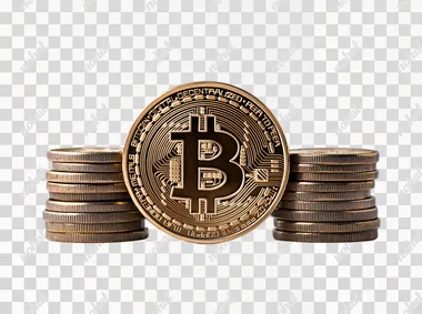 A gold coin with the Bitcoin logo on it, surrounded by stacked coins, isolated against a white background in a PNG format, with empty space around for text.