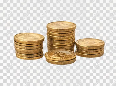 A gold coin with the Bitcoin logo on it, surrounded by stacked coins, isolated against a white background in a PNG format, with empty space around for text.