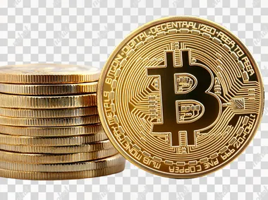 A gold coin with the Bitcoin logo on it, surrounded by stacked coins, isolated against a white background in a PNG format, with empty space around for text.