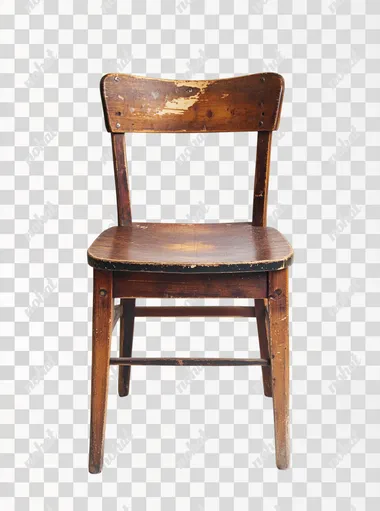 1 old wooden chair facing camera, on white background
