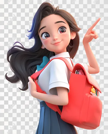 Three-dimensional cartoon, a junior high school girl student, carrying a bag, smiling, pointing upwards. White background, is Pixar style, bright colors, look up