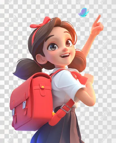 Three-dimensional cartoon, a junior high school girl student, carrying a bag, smiling, pointing upwards. White background, is Pixar style, bright colors, look up