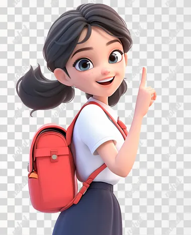 Three-dimensional cartoon, a junior high school girl student, carrying a bag, smiling, pointing upwards. White background, is Pixar style, bright colors, look up