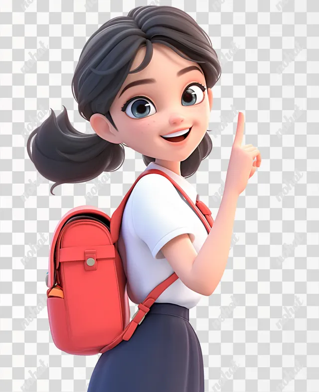 PNG Cheerful Cartoon School Girl Pointing Upwards