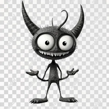 A cute devil character with a big head, big eyes, small horns, long thin arms and legs and a small body. In the style of a 1940s cartoon character like Felix the Cat. The texture should be greyscale with no colour. White background. The character should be in the default 'T' pose with arms out and legs straight.