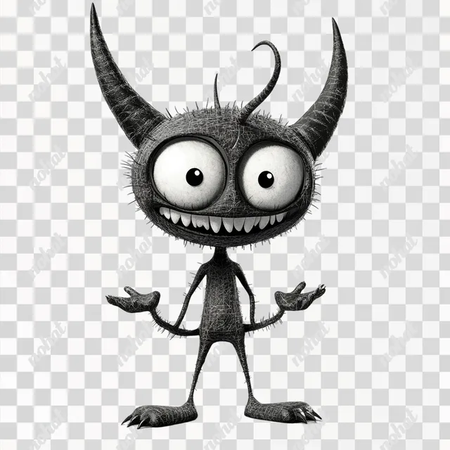 PNG Cute black and white devil character with big eyes in 1940s cartoon style
