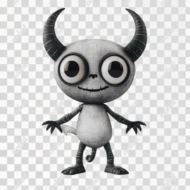 A cute devil character with a big head, big eyes, small horns, long thin arms and legs and a small body. In the style of a 1940s cartoon character like Felix the Cat. The texture should be greyscale with no colour. White background. The character should be in the default 'T' pose with arms out and legs straight.