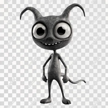 A cute devil character with a big head, big eyes, small horns, long thin arms and legs and a small body. In the style of a 1940s cartoon character like Felix the Cat. The texture should be greyscale with no colour. White background. The character should be in the default 'T' pose with arms out and legs straight.