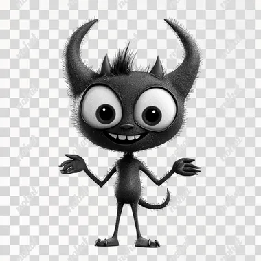 A cute devil character with a big head, big eyes, small horns, long thin arms and legs and a small body. In the style of a 1940s cartoon character like Felix the Cat. The texture should be greyscale with no colour. White background. The character should be in the default 'T' pose with arms out and legs straight.