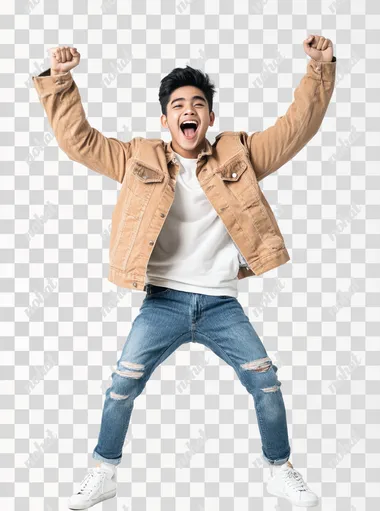funny-looking excited Filipino Gen Z, he's doing a hooray pose, he's standing with his knees bent and his arms up, white background