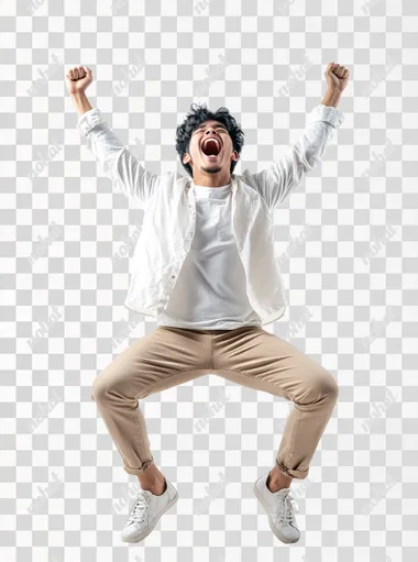 funny-looking excited Filipino Gen Z, he's doing a hooray pose, he's standing with his knees bent and his arms up, white background